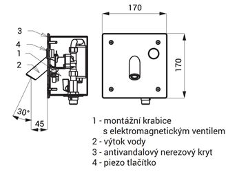 SANELA umývadlová elektronická piezo batéria, pre jednu vodu, napájanie z batérie, s telesom, nerez SLU 44PB Technický nákres