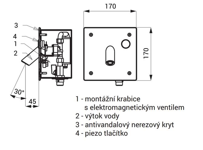 SANELA umývadlová elektronická piezo batéria, pre jednu vodu, napájanie z batérie, s telesom, nerez SLU 44PB Technický nákres