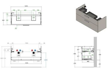 CONCEPT 200/300 skrinka pod dvojumývadlo 121,5x48,4x55 cm, 2 zásuvky, matná antracitová WU125CO2001436 Technický nákres