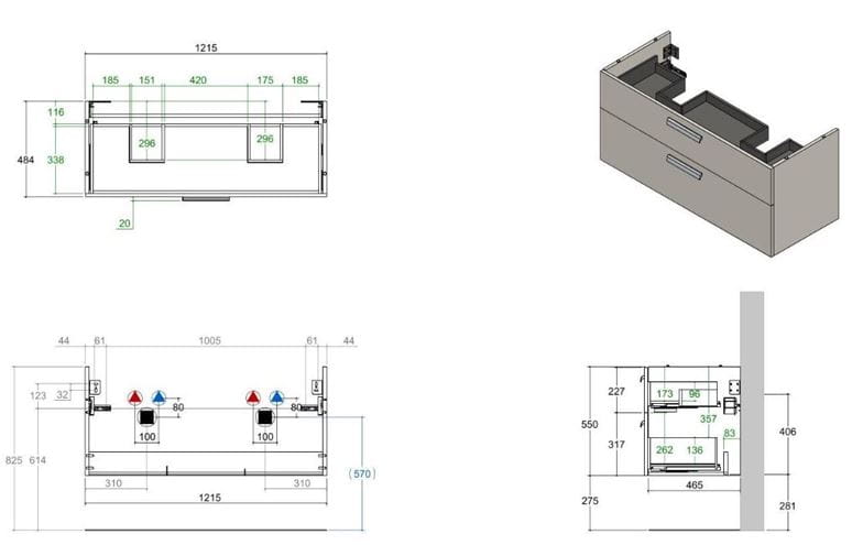 CONCEPT 200/300 skrinka pod dvojumývadlo 121,5x48,4x55 cm, 2 zásuvky, dub metz WU125CO2001417 Technický nákres
