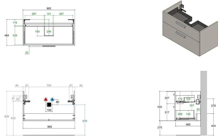 CONCEPT 200/300 skrinka pod umývadlo 96,5x48,4x55 cm, 2 zásuvky, matná antracitová WU100CO2001436 Technický nákres