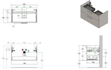 CONCEPT 200/300 skrinka pod umývadlo 96,5x48,4x55 cm, 2 zásuvky, dub metz WU100CO2001417 Technický nákres