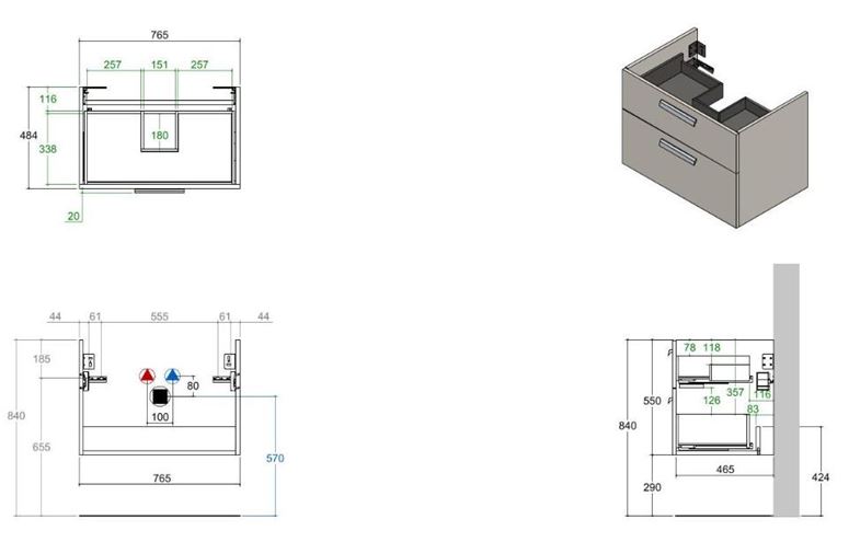 CONCEPT 200/300 skrinka pod umývadlo 76,5x48,4x55 cm, 2 zásuvky, matná antracitová WU80CO2001436 Technický nákres