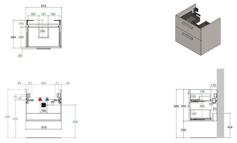 CONCEPT 200 skrinka pod umývadlo 61,5x48,4x55 cm, 2 zásuvky, matná antracitová WU65CO2001436 Technický nákres