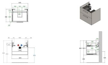 CONCEPT 200 skrinka pod umývadlo 61,5x48,4x55 cm, 2 zásuvky, matná antracitová WU65CO2001436 Technický nákres