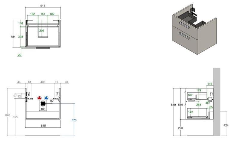 CONCEPT 200 skrinka pod umývadlo 61,5x48,4x55 cm, 2 zásuvky, dub metz WU65CO2001417 Technický nákres
