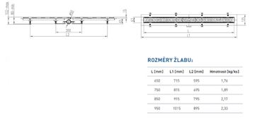 EASY sprchový žľab 650 mm, do priestoru, bočný odtok D 50, rošt HARMONY, plast/nerez oceľ EPZ20-PP-650 D50 Technický nákres