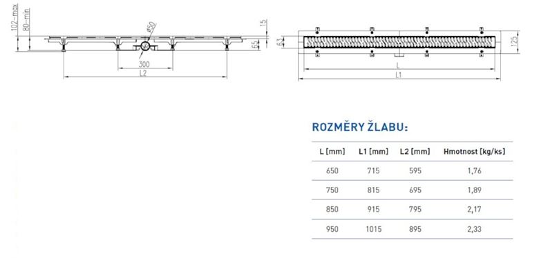 EASY sprchový žľab 650 mm, do priestoru, bočný odtok D 50, rošt HARMONY, plast/nerez oceľ EPZ20-PP-650 D50 Technický nákres