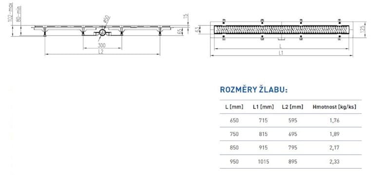 EASY sprchový žľab 750 mm, do priestoru, bočný odtok D 50, rošt HARMONY, plast/nerez oceľ EPZ20-PP-750 D50 Technický nákres