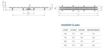 EASY sprchový žľab 750 mm, do priestoru, bočný odtok D 50, rošt HARMONY, plast/nerez oceľ EPZ20-PP-750 D50 Technický nákres