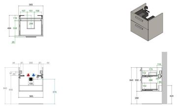 CONCEPT 200/300 skrinka pod umývadlo 56,5x48,4x55 cm, 2 zásuvky, dub metz WU60CO2001417 Technický nákres