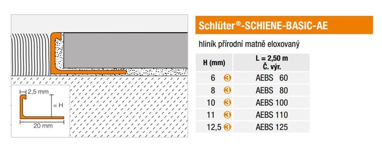 SCHLÜTER SYSTEMS SCHIENE-BASIC-AE ukončovací profil 12,5mm, 2500mm, hliník prírodný-matne eloxovaný AEBS125 Technický nákres