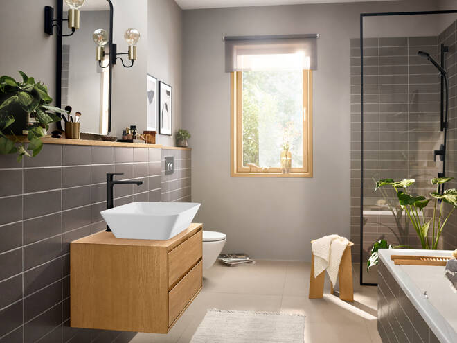 HANSGROHE REBRIS E umývadlová stojanková batéria, CoolStart EcoSmart+, s odtokovou súpravou, matná čierna 72591670 Obrázek - fotka