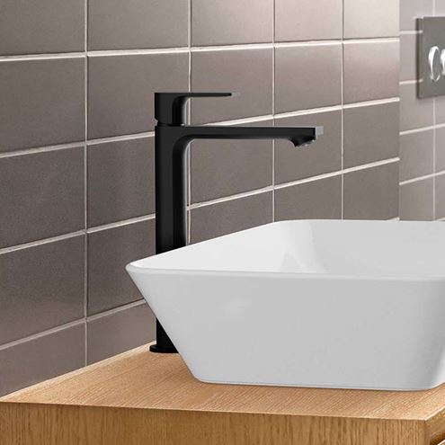 HANSGROHE REBRIS E umývadlová stojanková batéria, CoolStart EcoSmart+, s odtokovou súpravou, matná čierna 72591670 Obrázek - fotka