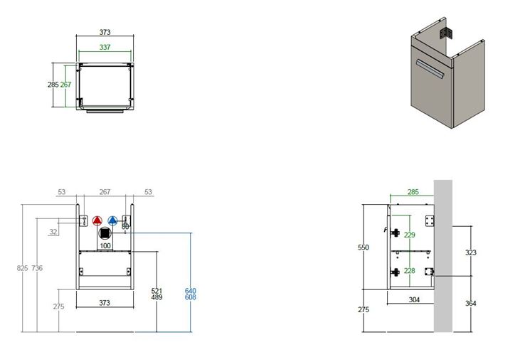 CONCEPT 300 skrinka pod umývadlo 37,3x28,5x55 cm, 1 dvierka, pánty vpravo, lesklá biela WU40CO200D1100 Technický nákres