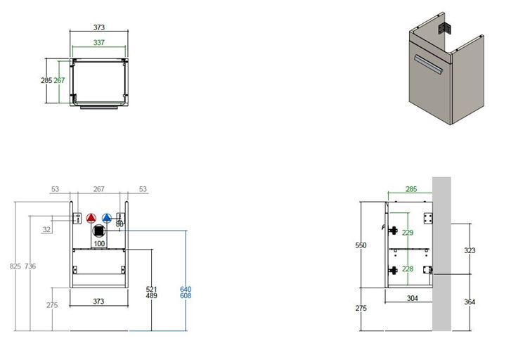 CONCEPT 300 skrinka pod umývadlo 37,3x28,5x55 cm, 1 dvierka, pánty vľavo, lesklá biela WU40CO200S1100 Technický nákres