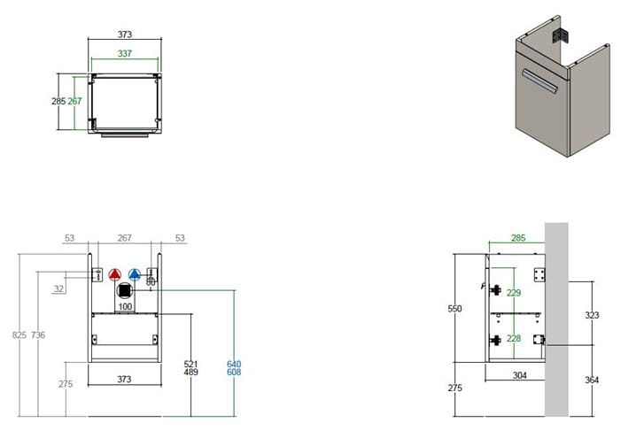CONCEPT 300 skrinka pod umývadlo 37,3x28,5x55 cm, 1 dvierka, pánty vľavo, matná antracitová WU40CO200S1436 Technický nákres