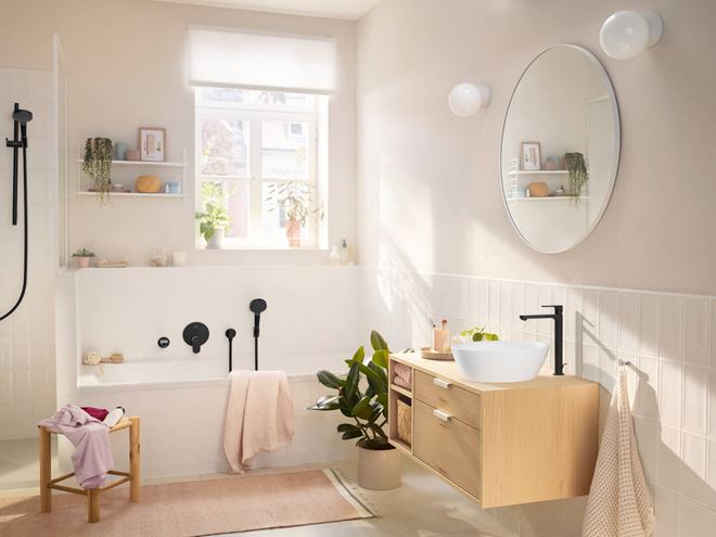HANSGROHE REBRIS E umývadlová stojanková batéria, CoolStart, EcoSmart+, s odtokovou súpravou, matná čierna 72590670 Obrázek - fotka