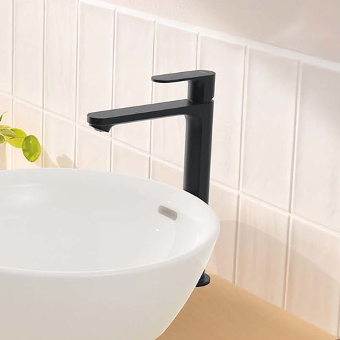 HANSGROHE REBRIS E umývadlová stojanková batéria, CoolStart, EcoSmart+, s odtokovou súpravou, matná čierna 72590670 Obrázek - fotka