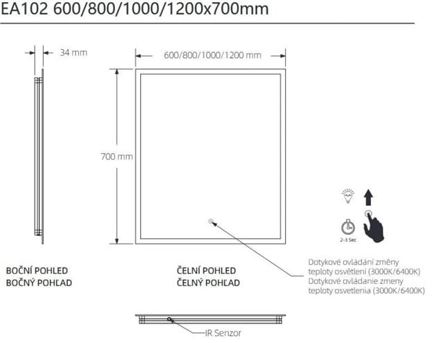 EASY PLUS zrkadlo 60x70 cm, s osvetlením, s reguláciou stmievania a teploty svetla, so senzorom EA102.60 Technický nákres