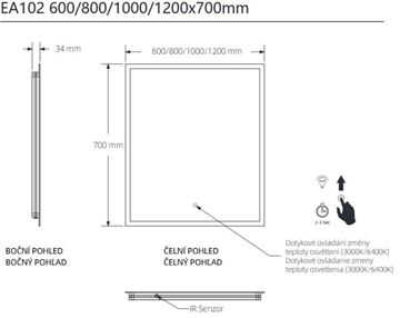 EASY PLUS zrkadlo 60x70 cm, s osvetlením, s reguláciou stmievania a teploty svetla, so senzorom EA102.60 Technický nákres