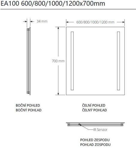 EASY PLUS zrkadlo 100x70 cm, s osvetlením, so senzorom EA100.100 Technický nákres