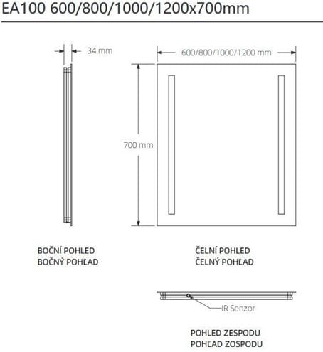 EASY PLUS zrkadlo 80x70 cm, s osvetlením, so senzorom EA100.80 Technický nákres