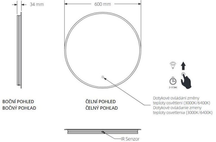 EASY PLUS zrkadlo 60 cm, s osvetlením, s reguláciou stmievania a teploty svetla, so senzorom EA103.60 Technický nákres