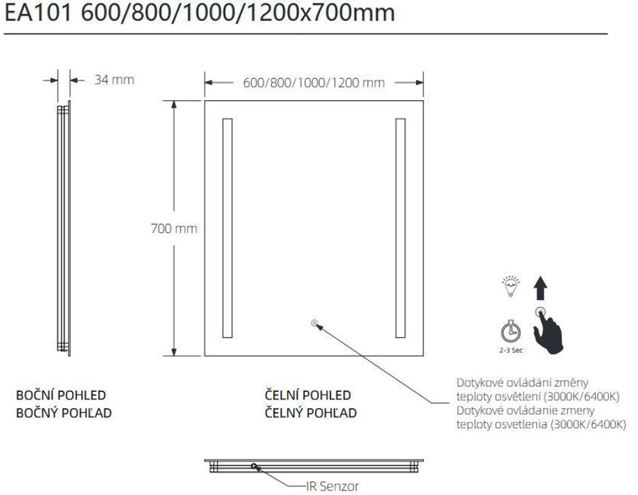 EASY PLUS zrkadlo 60x70 cm, s osvetlením, s reguláciou stmievania a teploty svetla, so senzorom EA101.60 Technický nákres