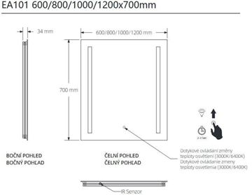 EASY PLUS zrkadlo 60x70 cm, s osvetlením, s reguláciou stmievania a teploty svetla, so senzorom EA101.60 Technický nákres