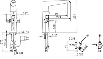 ORAS OPTIMA drezová batéria 193mm, senzorová, s ventilom, stojánková, páková, chróm 2727F Technický nákres