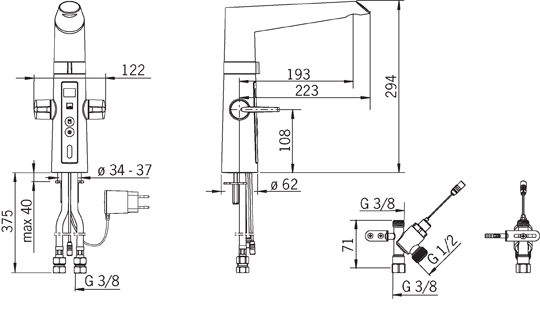 ORAS OPTIMA drezová batéria 193mm, senzorová, s ventilom, stojánková, páková, chróm 2727F Technický nákres