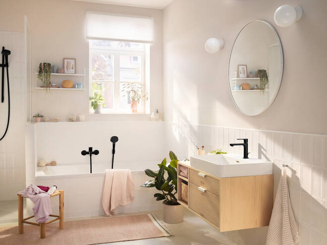 HANSGROHE REBRIS S umývadlová stojanková batéria, EcoSmart, s odtokovou súpravou, matná čierna 72517670 Obrázek - fotka