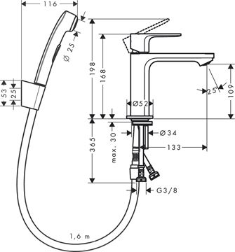 HANSGROHE REBRIS S umývadlová stojanková batéria s bidetovou sprškou, EcoSmart, matná čierna 72215670 Technický nákres