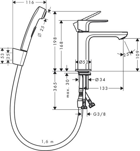 HANSGROHE REBRIS S umývadlová stojanková batéria s bidetovou sprškou, EcoSmart, matná čierna 72215670 Technický nákres