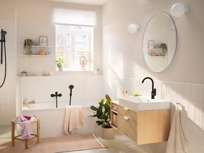 HANSGROHE REBRIS S umývadlová stojanková batéria, EcoSmart, s odtokovou súpravou, matná čierna 72536670 Obrázek - fotka