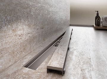 ALCA APZ115 MARBLE LOW sprchový žľab 850 mm, do priestoru aj k stene, bočný odtok DN 40, rošt na vloženie dlažby, PP/nerez oceľ APZ115-850 Obrázek - fotka