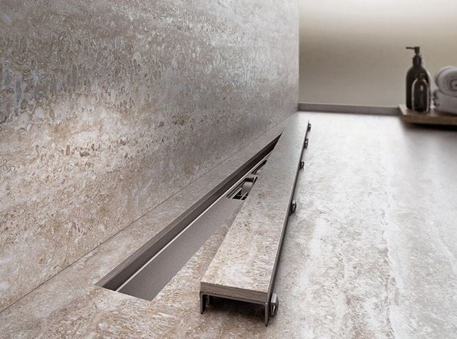 ALCA APZ115 MARBLE LOW sprchový žľab 850 mm, do priestoru aj k stene, bočný odtok DN 40, rošt na vloženie dlažby, PP/nerez oceľ APZ115-850 Obrázek - fotka