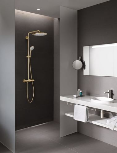 GROHE EUPHORIA SYSTEM 310 sprchový set s termostatickou batériou, horná sprcha, ručná sprcha s 3 prúdmi, tyč, hadica, kartáčovaný cool sunrise 26075GN0 Obrázek - fotka