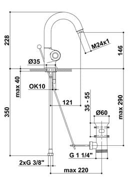 RAF umývadlová stojanková termostatická batéria, s odtokovou súpravou, chróm T5021 Technický nákres