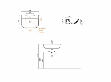 CONCEPT S umývadlo 60 cm, bez otvoru pre batériu, s prepadom, Cataglaze 60BSFWH Technický nákres