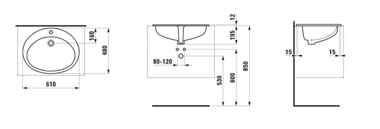LAUFEN INDOVA umývadlo 61 cm, s otvorom pre batériu a prepadom H8113920000001 Technický nákres