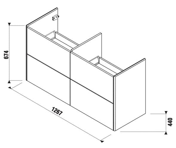 LAUFEN LA CASA 5 skrinka s dvojumývadlom 126,7x44x67,4 cm, 4 zásuvky, Push-open, biela H41N9964015001 Technický nákres
