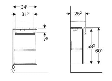 GEBERIT SELNOVA COMPACT skrinka pod umývadlo 34,8x25,2x60,4 cm, 1 dvierka, matná biela/lesklá biela 501.488.00.1 Technický nákres