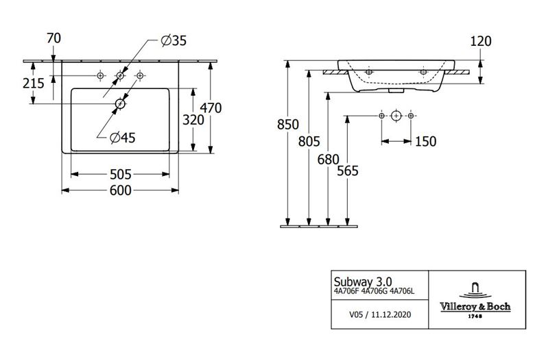 VILLEROY & BOCH SUBWAY 3.0 umývadlo 60 cm, s otvorom pre batériu a prepadom, brúsené, alpská biela 4A706G01 Technický nákres
