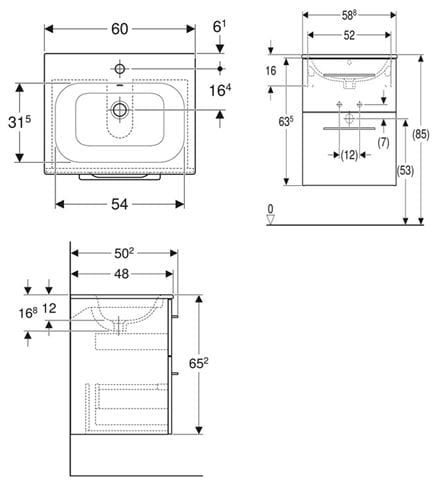 GEBERIT SELNOVA SQUARE skrinka s umývadlom 60x48x65, 2 cm, 2 zásuvky, matná lávová 501.237.00.1 Technický nákres