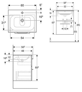 GEBERIT SELNOVA SQUARE skrinka s umývadlom 60x48x65, 2 cm, 2 zásuvky, matná lávová 501.237.00.1 Technický nákres