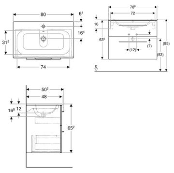 GEBERIT SELNOVA SQUARE skrinka s umývadlom 80x48x65, 2 cm, 2 zásuvky, matná lávová 501.241.00.1 Technický nákres