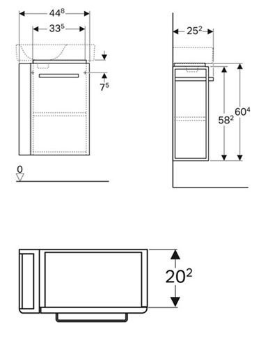 GEBERIT SELNOVA COMPACT skrinka pod umývadlo 44,8x25,2x60,4 cm, 1 dvierka, pánty vpravo, matná biela/lesklá biela 501.496.00.1 Technický nákres