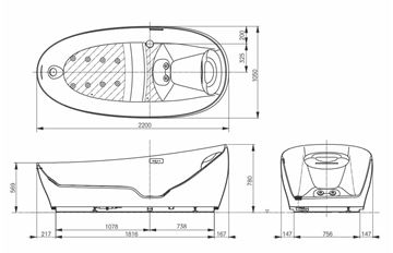 TOTO FLOTATION TUB voľne stojaca vaňa 220x105 cm, hydromasážna, LED osvetlenie, kompozit PJYD2200PWEE#GW Technický nákres